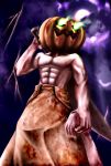  1boy abs absurdres blood blood_stain burning_eyes butcher_knife halloween highres jack-o&#039;-lantern lightning luke_c male_focus manly moon muscle night pumpkin pyramid_head silent_hill silent_hill_2 solo weapon 