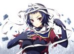  &gt;:( 1girl bandage blue_hair bodysuit kurokami_kujira medaka_box naze_youka pantyhose patch red_eyes school_uniform short_hair solo soritari syringe torn_clothes undressing 