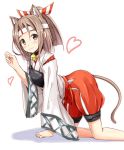  1girl :3 aikawa_ryou animal_ears bell brown_eyes brown_hair cat_ears cat_tail headband heart japanese_clothes kantai_collection looking_at_viewer muneate paw_pose ponytail smile tagme tail white_background zuihou_(kantai_collection) 