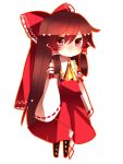  1girl alternate_hair_length alternate_hairstyle ascot bad_id bow brown_hair chibi detached_sleeves female gohei hair_bow hakurei_reimu long_hair simple_background solo touhou very_long_hair yutazou 