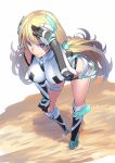  1girl absurdres angela_balzac bent_over blonde_hair blue_eyes boots breasts detached_sleeves h_kasei headgear highres knee_boots large_breasts leotard long_hair low_twintails rakuen_tsuihou silver_hair smile solo thighs twintails very_long_hair 