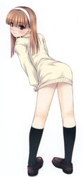  1girl blonde_hair bottomless brown_hair from_behind hairband kneehighs kneepits loafers long_hair looking_back naked_sweater ooji shirt_tug shoes solo sweater 