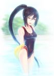  absurdres black_hair competition_swimsuit fang fictional_persona highres kickboard long_hair one-piece_swimsuit original ponytail self-portrait swimsuit tda yellow_eyes 