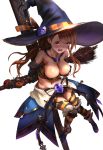  1girl absurdres ankle_boots badge bangs bare_shoulders beatrix_(granblue_fantasy) belt blush boots bound breasts broom brown_hair bustier button_badge chains cleavage cross crucifixion crystal detached_collar detached_sleeves from_above full_body granblue_fantasy groin halloween hat hat_ribbon highres knees_together_feet_apart large_breasts long_hair midriff nail navel pumpkin restrained ribbon shogo_(shogo) simple_background skirt skull solo star stomach strapless striped striped_legwear striped_ribbon tears thigh-highs tied_up violet_eyes white_background witch_hat 