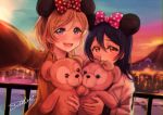  2girls :d ayase_eli bangs blonde_hair blue_eyes blue_hair blush bow brown_eyes covering_mouth disneyland hair_between_eyes hair_bow holding_stuffed_animal lilylion26 long_hair long_sleeves looking_at_viewer love_live! love_live!_school_idol_project mickey_mouse_ears multiple_girls open_mouth polka_dot polka_dot_bow ponytail self_shot signature smile sonoda_umi stuffed_animal stuffed_toy teddy_bear upper_body 
