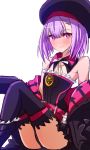  1girl bare_shoulders black_legwear blush breasts closed_mouth commentary_request detached_sleeves fate/grand_order fate_(series) hat helena_blavatsky_(fate/grand_order) highres himo looking_at_viewer off_shoulder pantyhose purple_hair short_hair simple_background sketch small_breasts smile solo thigh-highs violet_eyes white_background 