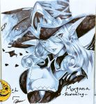  bibiko breasts cleavage detached_collar from_above hat highres league_of_legends lips long_hair monochrome moon morgana_(league_of_legends) parted_lips pointy_ears slit_pupils traditional_media witch_hat 