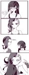  2girls absurdres asymmetrical_hair atobesakunolove beer_can blush breasts can casual closed_eyes comic d.va_(overwatch) drunk english facial_mark glomp highres hug long_hair looking_at_another medium_breasts mole mole_under_eye multiple_girls overwatch parted_lips simple_background sombra_(overwatch) tank_top trembling upper_body whisker_markings white_background wide-eyed yuri 