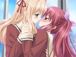  2girls blonde_hair blue_eyes couple game_cg hand_holding matsubara_yuuna multiple_girls oda_nanami peko pink_eyes pink_hair school_uniform sono_hanabira_ni_kuchizuke_wo twintails yuri 