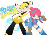  2girls bent_over black_legwear blonde_hair blue_boots blue_eyes boots emolga english fuuro_(pokemon) gym_leader headphones kamitsure_(pokemon) multiple_girls open_mouth panty_&amp;_stocking_with_garterbelt pantyhose parody pokemon pokemon_(game) pokemon_bw ponytail redhead short_hair side_ponytail style_parody swana swanna 