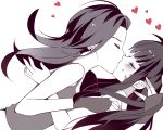  2girls asymmetrical_hair atobesakunolove breasts casual d.va_(overwatch) heart kiss long_hair looking_at_another medium_breasts monochrome multiple_girls overwatch simple_background sombra_(overwatch) spot_color upper_body white_background yuri 