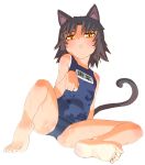  1girl :&lt; animal_ears bare_shoulders barefoot black_hair blush cat_ears cat_tail feet flat_chest kurona_(neko_musume_michikusa_nikki) looking_at_viewer neko_musume_michikusa_nikki one-piece_swimsuit oono_tsutomu open_mouth paw_pose school_swimsuit short_hair simple_background sitting soles solo spread_legs swimsuit tail tan toe_scrunch toes wet yellow_eyes 