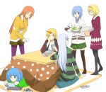  10s 6+girls alice_margatroid alternate_costume bad_id beer_can black_legwear blonde_hair blue_hair braid brown_legwear contemporary female hairband handheld_game_console hong_meiling horn hoshiguma_yuugi kamishirasawa_keine kawashiro_nitori kotatsu kumoi_ichirin multiple_girls nintendo_ds oven_mitts pantyhose plate pokemon pokemon_(game) pokemon_bw ponytail purple_legwear redhead table touhou twin_braids twintails two_side_up under_kotatsu under_table yuzuki_(rinka01) 