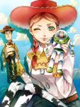  1girl bad_id blush braid buzz_lightyear cowboy cowboy_hat green_eyes hat highres jessie_the_yodeling_cowgirl lips one_eye_closed redhead sheriff_woody solo toy toy_story tsukioka_tsukiho western wink 