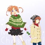  2girls beanie blue_eyes blush brown_hair coat fringe hand_in_pocket hat holly leg_warmers lyrical_nanoha mahou_shoujo_lyrical_nanoha mahou_shoujo_lyrical_nanoha_a&#039;s mahou_shoujo_lyrical_nanoha_a&#039;s_portable:_the_battle_of_aces material-s merry_christmas mistletoe multiple_girls open_mouth orange_hair pantyhose poncho redhead snow takamachi_nanoha takana turtleneck twintails violet_eyes white_legwear 