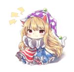  1girl american_flag_dress american_flag_legwear animal_ears blonde_hair cat_ears cheunes chibi clownpiece dress fairy_wings hat jester_cap long_hair no_shoes pantyhose pout red_eyes sitting solo tail touhou very_long_hair wings 