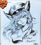  1girl ahri animal_ears bibiko breasts cleavage hat heart highres jewelry league_of_legends lips long_hair microphone monochrome necklace one_eye_closed saluting slit_pupils smile traditional_media 