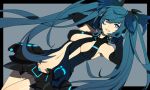  1girl aqua_eyes aqua_hair breasts detached_sleeves gloves hands_on_headphones hatsune_miku headphones headset impossible_clothes impossible_shirt kurono_yuu long_hair miku_append navel shirt smile solo twintails very_long_hair vocaloid vocaloid_append 