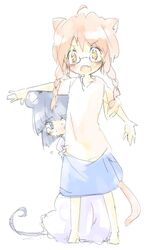  2girls animal_ears barefoot blue_eyes blue_hair blush braid cat_ears cat_tail fang glasses long_hair mouse_ears mouse_tail multiple_girls orange_eyes original pink_hair protecting shipu_(toppintetratorten) short_hair sketch skirt tail tears twin_braids 