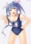  1girl blue_hair blush breasts fang grey_background hair_ribbon hand_on_hip i-19_(kantai_collection) kankitsunabe_(citrus) kantai_collection large_breasts long_hair looking_at_viewer one-piece_swimsuit red_eyes ribbon school_swimsuit solo swimsuit symbol-shaped_pupils twintails twitter_username 