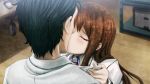  1boy 1girl black_hair blush brown_hair closed_eyes computer_mouse couple game_cg hetero huke kiss labcoat long_hair makise_kurisu okabe_rintarou short_hair steins;gate tears 