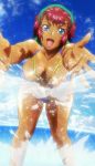  1girl banpresto bikini blue_eyes clouds dark_skin hairband highres kobayashi_akemi ocean redhead ricarla_borgnine screencap sky smile solo splashing stitched super_robot_wars super_robot_wars_og_the_inspector super_robot_wars_original_generation swimsuit 