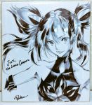  bare_shoulders bibiko collarbone elbow_gloves gloves halterneck highres jinx_(league_of_legends) league_of_legends lips long_hair looking_to_the_side monochrome smile traditional_media twintails 