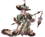  1girl blue_eyes detached_sleeves dress full_body fur_trim gem granblue_fantasy hat high_heels holding jewelry looking_at_viewer minaba_hideo open_mouth purple_hair simple_background solo staff standing tiara witch_hat 