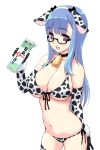  1girl amano_yuu animal_ears arm_behind_back bell bell_collar bikini blue_hair blush breasts cleavage collar cow_bell cow_ears cow_print elbow_gloves front-tie_top glasses gloves large_breasts long_hair milk open_mouth original side-tie_bikini sideboob smile solo swimsuit thigh-highs under_boob violet_eyes 