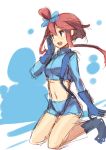  10s 1girl :d blue_boots bodysuit boots full_body fuuro_(pokemon) gym_leader hair_bun kneeling nintendo oekaki open_mouth pokemon pokemon_(game) pokemon_bw redhead simple_background smile solo weee_(raemz) white_background 