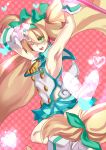  1girl arc_system_works armpits aya_(min412) bad_id bell blazblue blazblue:_continuum_shift blonde_hair gloves green_eyes heart highres long_hair low-tied_long_hair one_eye_closed platinum_the_trinity quad_tails ribbon symbol-shaped_pupils tied_hair two_side_up v wink 