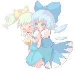  2girls blue_eyes blue_hair blush cirno closed_eyes daiyousei green_hair hair_ribbon hug kansou_samehada multiple_girls ribbon simple_background touhou wings 