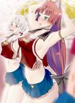  2girls :d animal_ears armpits arms_up blue_eyes blush breasts cheerleader erect_nipples gloves green_eyes long_hair multiple_girls open_mouth original pink_hair pleated_skirt pom_poms sideboob skirt smile solo tail tazuma_(u283) twintails white_gloves 