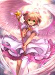  1girl :d angel_wings brown_hair card_captor_sakura choker dress feathered_wings feathers green_eyes highres hoshi_no_tsue kinomoto_sakura kudo_kunugi looking_at_viewer open_mouth outstretched_arms petals petticoat pink_ribbon puffy_short_sleeves puffy_sleeves ribbon short_sleeves single_thighhigh smile star teeth thigh-highs two_side_up wand white_dress white_legwear white_wings wings 