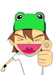  &gt;_&lt; 1boy :d brown_hair closed_eyes frog hat highres male_focus open_mouth pulo-chan smile solo thumbs_up uvula xd 
