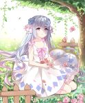  1girl absurdres blue_flower blue_hair breasts chuor_(chuochuoi) cleavage collarbone dress eyebrows eyebrows_visible_through_hair flower hair_flower hair_ornament highres kneeling long_hair medium_breasts original outdoors pink_eyes pink_flower see-through solo white_dress 