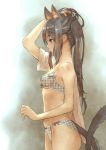  1girl adjusting_hair animal_ears arm_up black_hair blouse bow bow_bra bow_panties bra branch_(blackrabbits) brown_hair cat_ears cat_tail dressing extra_ears grey_eyes hand_in_hair k-on! lingerie long_hair mouth_hold nakano_azusa panties profile ribbon solo tail underwear underwear_only 