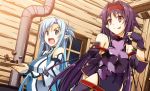  2girls aqua_eyes aqua_hair asuna_(sao) black_hair candy food gloves highres multiple_girls open_mouth pointy_ears red_eyes shikei sword_art_online window yuuki_(sao) 