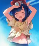  1girl ^_^ armpit_peek arms_up bangs beanie blue_sky blush bracelet closed_eyes condensation_trail day female_protagonist_(pokemon_sm) floral_print glint happy hat holding holding_poke_ball jewelry laughing light_particles midriff mutsuki_(user_rbz7507) navel open_mouth poke_ball pokemon pokemon_(game) pokemon_sm print_shirt red_hat shirt short_hair shorts sky smile solo stomach swept_bangs tied_shirt upper_body wide_sleeves 