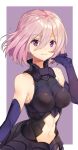  1girl bare_shoulders breasts cowboy_shot elbow_gloves fate/grand_order fate_(series) gloves hair_between_eyes medium_breasts navel navel_cutout outside_border purple_background purple_hair shielder_(fate/grand_order) shovelwall smile solo violet_eyes white_border 
