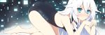  1girl all_fours bare_shoulders black_heart blue_eyes blush breasts cleavage female long_hair looking_at_viewer mashiroheart neptune_(series) noire solo swimsuit symbol-shaped_pupils very_long_hair white_hair 