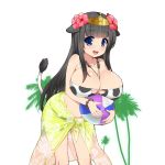  1girl ball beachball between_breasts bikini blue_eyes bracelet breasts cow_print cow_tail flower hair_flaps hair_flower hair_ornament holding jewelry kusaka_souji large_breasts leaning_forward long_hair looking_at_viewer official_art open_mouth palm_tree round_teeth sarong solo swimsuit tail teeth tiara transparent_background tree uchi_no_hime-sama_ga_ichiban_kawaii 