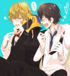  2boys black_hair blonde_hair bodysuit bow bowtie breasts brown_eyes celty_sturluson dullahan durarara!! glasses heiwajima_shizuo helmet kishitani_shinra labcoat medium_breasts motorcycle_helmet multiple_boys phone short_hair sleeping tuxedo 