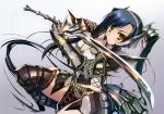  1girl alternate_costume armor black_hair capcom cosplay gauntlets kan&#039;u katagiri_hinata katana koihime_musou monster_hunter rathalos_(armor) silver_rathalos silver_rathalos_(armor) simple_background solo sword twintails weapon yellow_eyes 