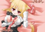  1girl animal_ears bed blonde_hair blush breast_hold breasts cat_ears cat_tail collar fang female hair_ribbon kemonomimi_mode large_breasts lying necktie on_back open_clothes open_shirt red_eyes ribbon rumia shirt short_hair solo tail the_embodiment_of_scarlet_devil touhou uhyo_(uhyoahya) uhyoahya undone undone_necktie youkai 