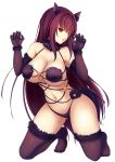  1girl alternate_color animal_ears breasts castle cleavage cosplay elbow_gloves euforia fate/grand_order fate_(series) gloves gluteal_fold halloween_costume kneeling large_breasts legs long_hair looking_at_viewer navel night purple_gloves purple_hair purple_legwear red_eyes scathach_(fate/grand_order) shielder_(fate/grand_order) shielder_(fate/grand_order)_(cosplay) simple_background solo thigh-highs thighs under_boob very_long_hair white_background wolf_ears 