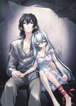  1boy 1girl ashe_(under_the_moon) black_hair blue_hair couple dress hetero long_hair pants ribbon seizh short_hair sitting under_the_moon wall 