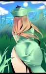  1girl all_fours ass back bad_id china_dress chinese_clothes dress female from_behind grass hat highres hong_meiling lens_flare redhead shinoi side_slit solo the_embodiment_of_scarlet_devil touhou 