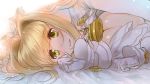  1girl ahoge bed blonde_hair blush bodysuit breast_squeeze breasts center_opening chains cleavage cuffs fate/extra fate/extra_ccc fate/grand_order fate_(series) gloves green_eyes hair_intakes head_wreath lock looking_at_viewer lying on_bed on_side padlock pantsu_(lootttyyyy) saber_bride saber_extra smile solo upper_body white_background white_bodysuit zipper 