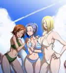  3girls :d :o ;d aoi_cameron armpits asymmetrical_docking bangs bikini blonde_hair blue_eyes blush body_blush breast_hold breast_press breasts brown_hair butcha-u cleavage clouds dark_skin glasses green_eyes hair_ornament hair_over_one_eye hairclip halterneck hand_on_another&#039;s_shoulder hand_on_hip hips holding huge_breasts injuu_kangoku innertube jewelry large_breasts leaning_forward lipstick liz_glover long_hair looking_at_viewer looking_back makeup mature milf mole multiple_girls navel official_art one_eye_closed open_mouth outdoors parted_bangs ponytail profile purple_hair rail_schwartz ring scrunchie semi-rimless_glasses short_hair sideboob sky smile spiky_hair sports_bikini standing string_bikini striped striped_bikini striped_swimsuit surprised sweatdrop swimsuit tan taut_clothes tentacle thigh_gap turtleneck unaligned_breasts under-rim_glasses under_boob violet_eyes wedding_band wide_hips wink wristband 